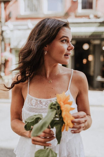Faye Brooks modelling our Bee Necklace